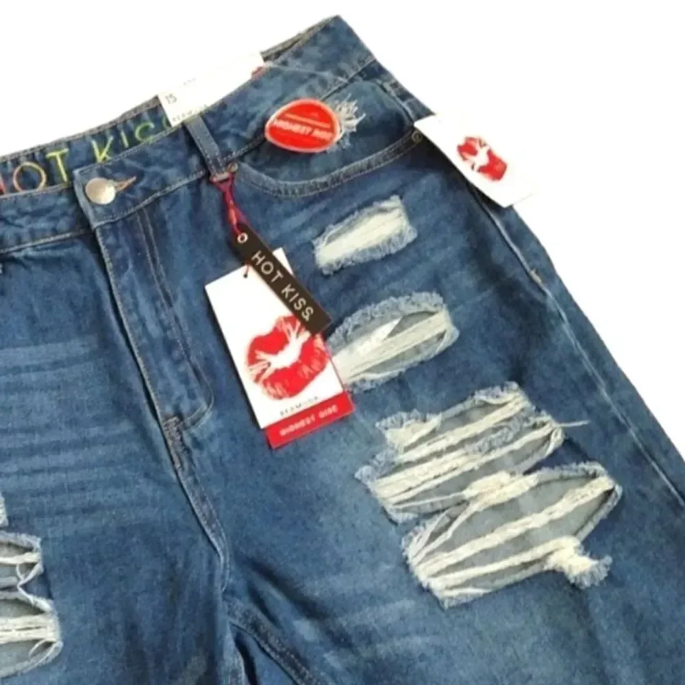 Hot Kiss Highest Rise Ripped  Bermuda Blue Jean‎ Shorts Size 15 NWT